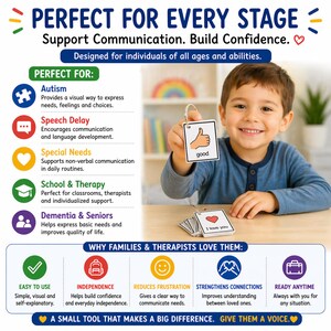 May include: A young boy smiles while holding communication cards with the words "good" and "I love you." The cards are designed to support communication and build confidence for individuals of all ages and abilities. The image includes text about the benefits of the cards.