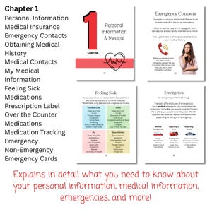 May include: A guide with medical information, including personal details, emergency contacts, and medication tracking. The pages feature headings like "Feeling Sick" and "Emergency," with a red number 1 and a heart graphic.