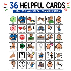 May include: A set of 36 helpful communication cards for non-verbal communication. Each card features a simple illustration and text, including "yes," "no," "please," "thank you," and "I love you." The cards are designed with a clear, easy-to-read layout.
