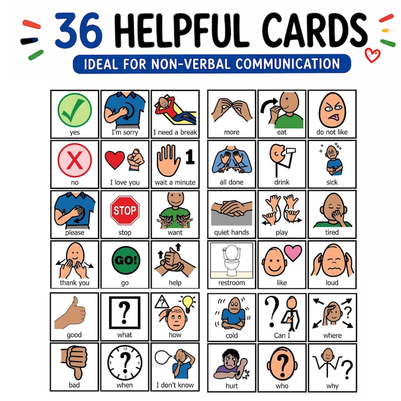 May include: A set of 36 helpful communication cards for non-verbal communication. Each card features a simple illustration and text, including "yes," "no," "please," "thank you," and "I love you." The cards are designed with a clear, easy-to-read layout.