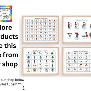 Pu&ograve; includere: Quattro schede di comunicazione stampabili per bambini con autismo. Le schede presentano illustrazioni colorate e testo su vari argomenti, tra cui le parti del corpo, i vestiti, l'addestramento al vasino e l'igiene.