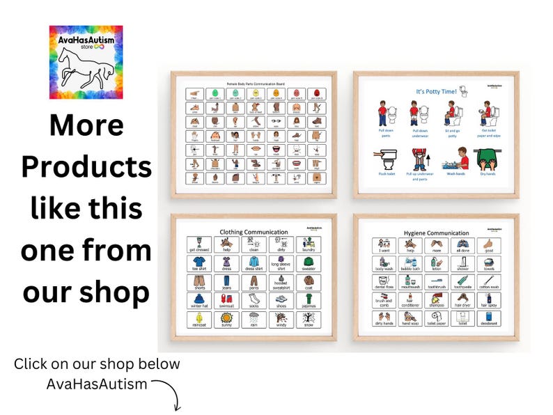 Pu&ograve; includere: Quattro schede di comunicazione stampabili per bambini con autismo. Le schede presentano illustrazioni colorate e testo su vari argomenti, tra cui le parti del corpo, i vestiti, l'addestramento al vasino e l'igiene.