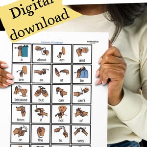 May include: A black and white chart with images and text showing sign language for common words. The words include "a", "about", "am", "and", "are", "as", "at", "be", "because", "but", "can", "can't", "from", "if", "not", "of", "or", "the", "to", "very", "was", "were", "with", and "would".