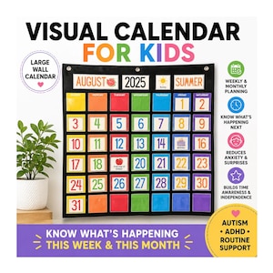 Könnte beinhalten: Schwarzer Wandkalender für Kinder mit farbigen Feldern für August 2025. Der Kalender zeigt den Text "Visual Calendar for Kids" und "Know What's Happening This Week & This Month". Ideal für die Wochen- und Monatsplanung.