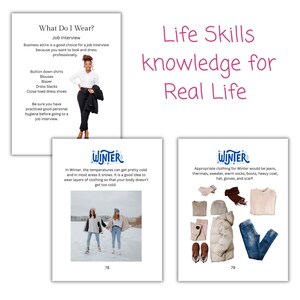 May include: A collection of pages from a guide titled "Life Skills knowledge for Real Life." The pages discuss job interview attire and winter clothing. One page shows a woman in a blazer, and another shows winter clothing items.