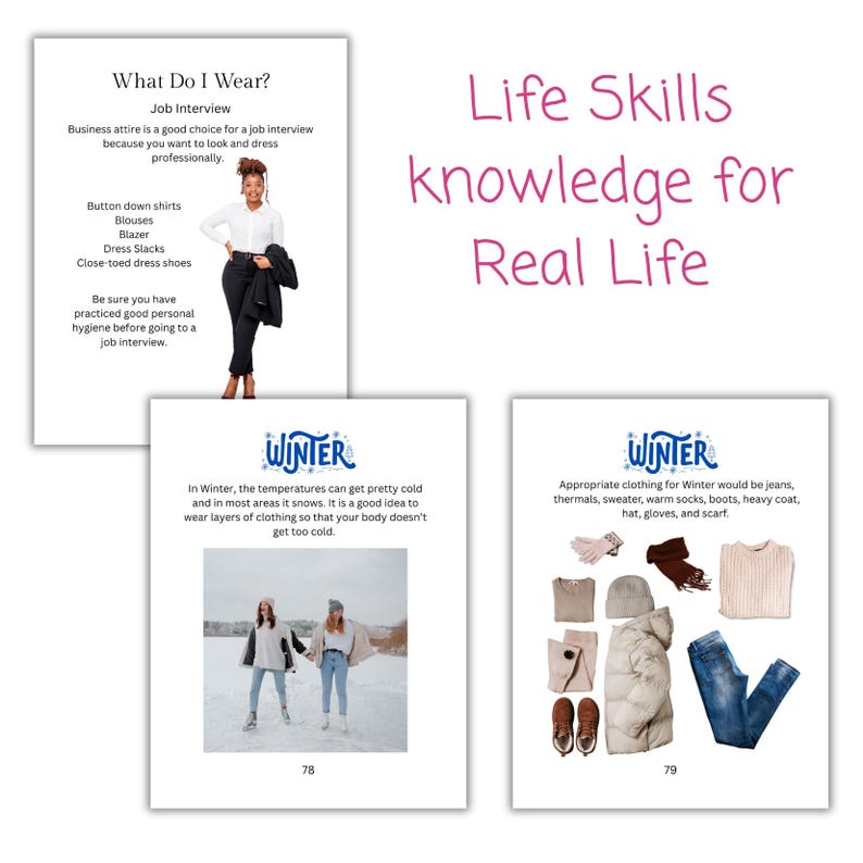 May include: A collection of pages from a guide titled "Life Skills knowledge for Real Life." The pages discuss job interview attire and winter clothing. One page shows a woman in a blazer, and another shows winter clothing items.