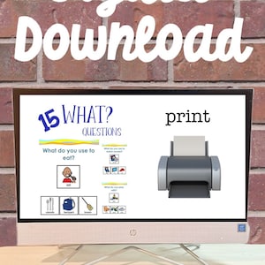 Puede incluir: Una pantalla de ordenador que muestra una descarga digital de 15 preguntas "¿Qué?" para niños. La pantalla muestra una pregunta sobre qué se utiliza para comer, con imágenes de cubiertos, una mochila y una escoba. La pantalla también muestra un icono de impresora con la palabra "imprimir" encima.