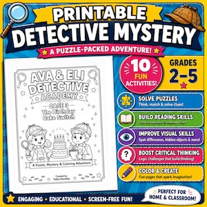 May include: Printable detective mystery activity book for ages 7-10. The cover features the text "Ava & Eli Detective Academy" and "Case 3 - The Birthday Cake Switch". Includes 10 fun activities to solve puzzles, build reading skills, and improve visual skills.