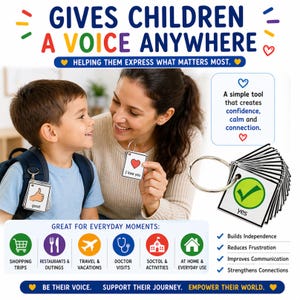 May include: Image promoting communication tools for children. A woman and child are smiling, holding cards with images and text like "I love you" and "good." The text reads "Gives Children A Voice Anywhere" and highlights everyday uses like shopping trips and doctor visits.