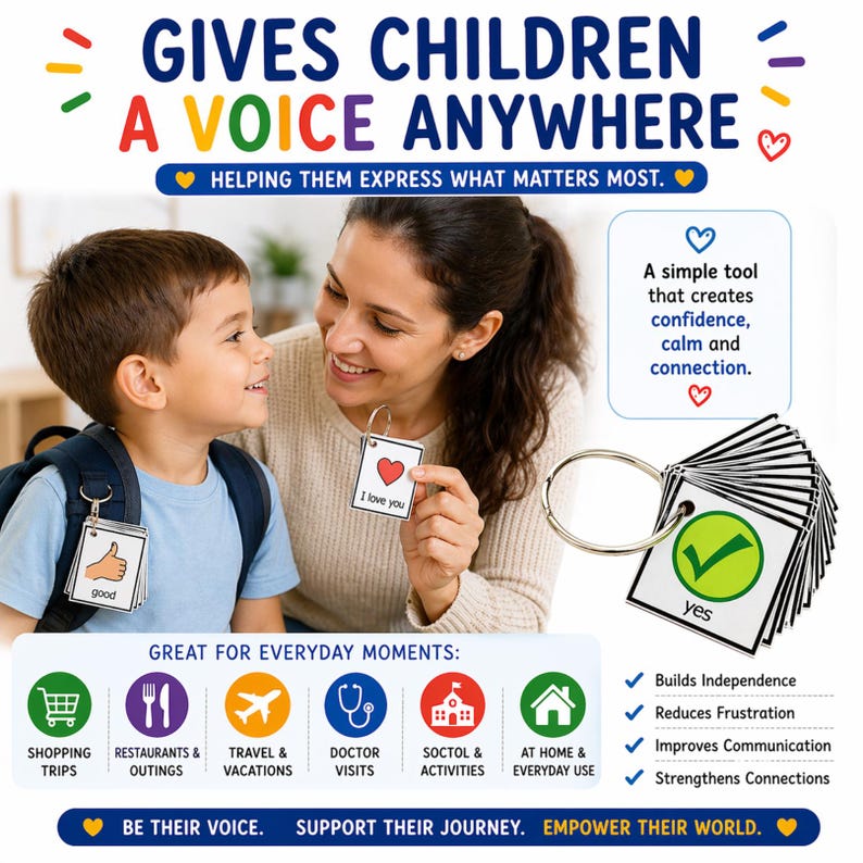 May include: Image promoting communication tools for children. A woman and child are smiling, holding cards with images and text like "I love you" and "good." The text reads "Gives Children A Voice Anywhere" and highlights everyday uses like shopping trips and doctor visits.