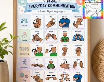 May include: A framed educational poster titled ASL Everyday Communication Basic Sign Language. The chart features a grid of colorful icons and illustrations demonstrating common hand signs for words like Yes, No, Please, Thank You, Help, and Play.