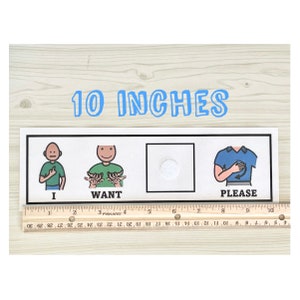 May include: A white card with three sections, each showing a different sign language symbol. The first section shows the sign for "I", the second section shows the sign for "want", and the third section shows the sign for "please". The card measures 10 inches in length.