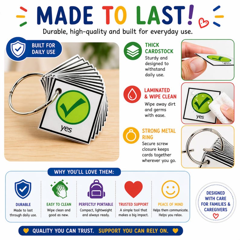 May include: A set of flashcards on a metal ring, featuring the word "yes" with a green checkmark. The cards are designed for daily use, made of thick cardstock, laminated, and easy to clean. The text "MADE TO LAST!" is at the top.