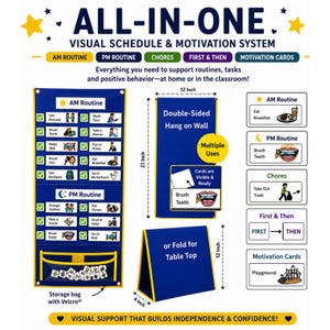 May include: An all-in-one visual schedule and motivation system featuring a blue wall-hanging organizer with pockets for cards. It includes AM and PM routine charts, chore lists, and first-then cards. The unit measures 27 inches by 12 inches.