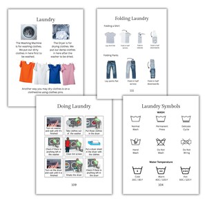 May include: A set of four instructional pages about laundry. The pages show how to wash, dry, and fold clothes. The pages also show laundry symbols and water temperature settings. The image includes text and illustrations.