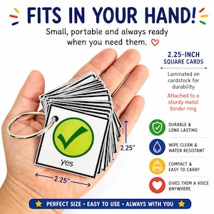 May include: A stack of 2.25-inch square cards attached to a metal ring, held in a hand. Each card is laminated and features a green checkmark and the word "yes". The cards are described as durable, water-resistant, and easy to carry.
