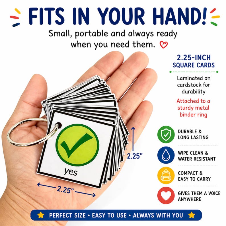 May include: A stack of 2.25-inch square cards attached to a metal ring, held in a hand. Each card is laminated and features a green checkmark and the word "yes". The cards are described as durable, water-resistant, and easy to carry.