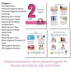 May include: A page from a personal hygiene guide with the title "Chapter 2" and subtopics like "Washing your Hands" and "Washing your Face." The page includes illustrations and step-by-step instructions.