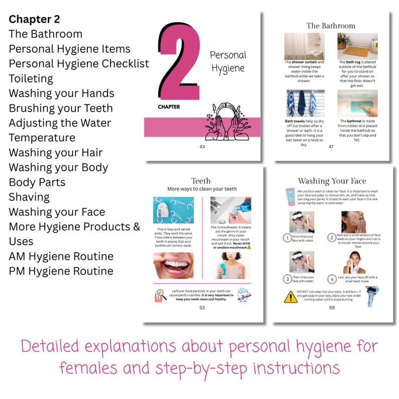 May include: A page from a personal hygiene guide with the title "Chapter 2" and subtopics like "Washing your Hands" and "Washing your Face." The page includes illustrations and step-by-step instructions.