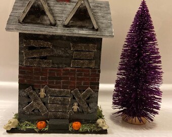 Handmade spooky wood haunted house, Halloween season, spooky, scary Halloween decor