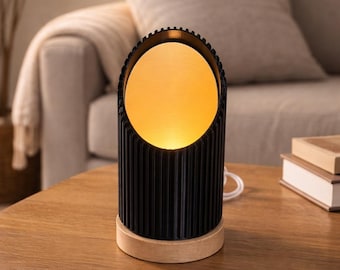Modern Black Ribbed Table Lamp with Wood Base, Warm Ambient Bedside Light