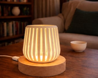 3D Printed Table Lamp | Slotted Shade, Wood Base, Ambient Glow (USB)