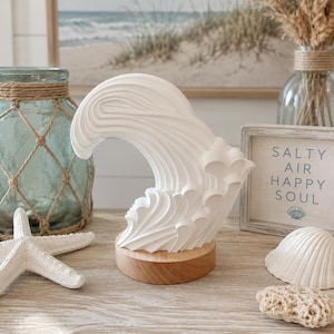 Matte White Wave Lamp, Coastal Ocean Light, Wood Base Table Lamp