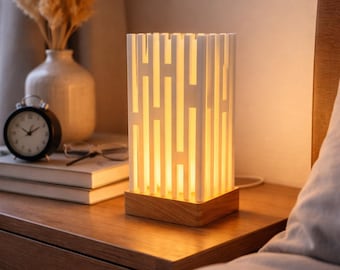 3D Printed Geometric Table Lamp, Natural Wood Base, Scandinavian Night Light
