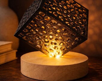 Modern Geometric Cube Light with Wood Base – Warm Ambient Night Light – Minimalist Home Decor