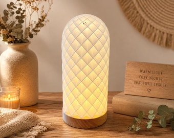 3D Printed Geometric Ambient Lamp with Wooden Base – Modern USB Table Light for Cozy Home Decor