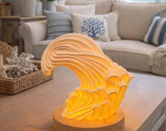 Matte White Wave Lamp, Coastal Ocean Light, Wood Base Table Lamp