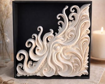 Illuminated Octopus Shadow Box, 3D Printed Coastal Wall Art, Black Frame Shelf Decor