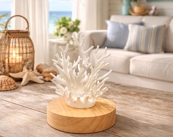 3D Printed Coral Lamp, Coastal Beach Decor, Ocean Inspired Night Light, Wood Base