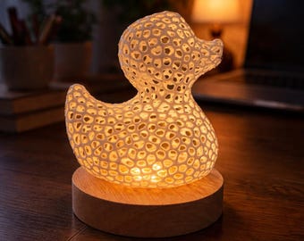 3D Printed Duck Night Light – Lattice LED Lamp, Wood Base, Nursery Decor