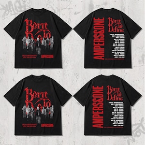 May include: Black t-shirts with red text and graphics. The front of the shirt reads "Born to Define" with a group of people. The back of the shirt has a tour schedule and the words "Ampers&One".