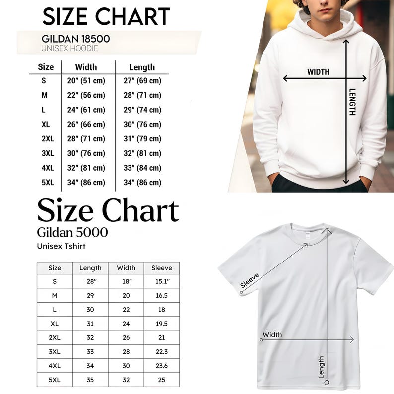 Puede incluir: Tablas de tallas para sudaderas con capucha unisex Gildan 18500 y camisetas unisex Gildan 5000. La tabla de tallas de la sudadera con capucha muestra medidas de ancho y largo, de la S a la 5XL. La tabla de la camiseta incluye largo, ancho y medidas de manga.