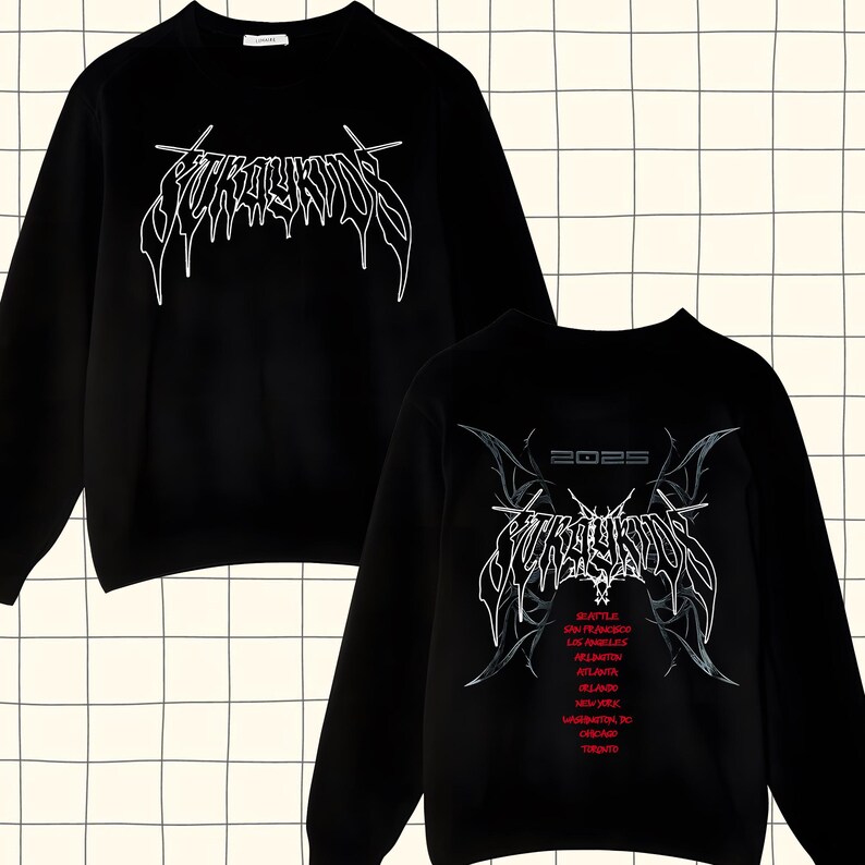 May include: Black long-sleeve sweatshirt with a white graphic print of the word "FURY" in a gothic font. The back of the sweatshirt has the same graphic with the year "2025" above it and a list of cities in red text.