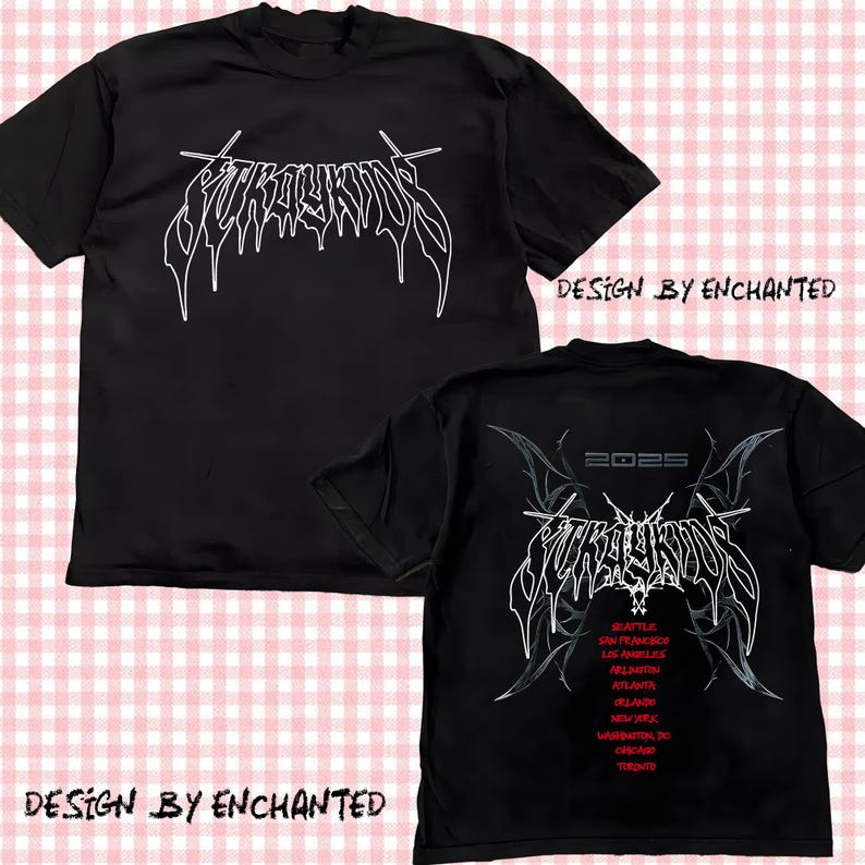 May include: Black t-shirt with a white graphic of the word "VIRUS" in a gothic font. The back of the shirt has a similar graphic with the year "2025" and a list of cities: Seattle, San Francisco, Los Angeles, Atlanta, Orlando, New York, Washington DC, Chicago, Toronto. The text "DESIGN BY ENCHANTED" appears on both the front and back of the shirt.