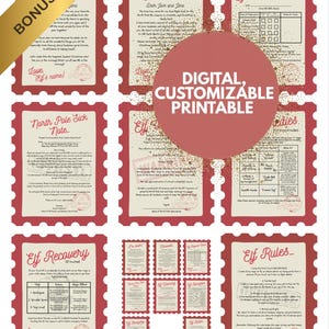 May include: A collection of digital, customizable printable Christmas-themed documents. The documents include letters, report cards, and rules, all with a red and white color scheme and a stamp-like border. The text includes "Bonus Gift" and "Digital, Customizable Printable."