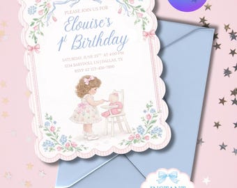 Invitación de cumpleaños editable Babydoll Coquette para niña / Invitación imprimible floral rosa y azul / Descarga digital