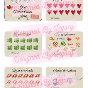 Puede incluir: Un conjunto de tarjetas perforadas de objetivos con ilustraciones de corazones, dinero, comida, libros y art&iacute;culos de viaje. El texto incluye "2026 Goal Punch Cards", "Act of kindness", "Save 10,000", "Try 12 Recipes", "Read 12 Books" y "Travel to 5 places".