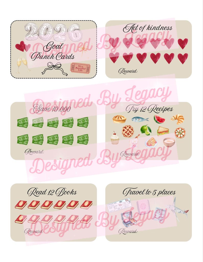 Puede incluir: Un conjunto de tarjetas perforadas de objetivos con ilustraciones de corazones, dinero, comida, libros y art&iacute;culos de viaje. El texto incluye "2026 Goal Punch Cards", "Act of kindness", "Save 10,000", "Try 12 Recipes", "Read 12 Books" y "Travel to 5 places".