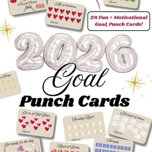 Puede incluir: Un conjunto de tarjetas perforadas de objetivos con el texto "2026 Goal Punch Cards". Las tarjetas presentan varios objetivos, incluyendo actos de bondad, ahorro y actividades de autocuidado. La imagen incluye el texto "24 Fun + Motivational Goal, Punch Cards!"