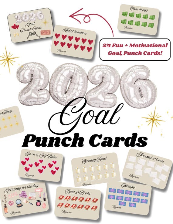 2026 Goal Punch Cards Printable  | Goal Tracker | Habit & Self Care Challenge Cards | Yearly Goal Planner