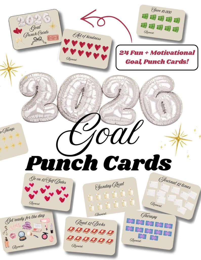 Puede incluir: Un conjunto de tarjetas perforadas de objetivos con el texto "2026 Goal Punch Cards". Las tarjetas presentan varios objetivos, incluyendo actos de bondad, ahorro y actividades de autocuidado. La imagen incluye el texto "24 Fun + Motivational Goal, Punch Cards!"
