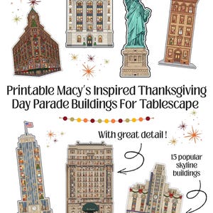 May include: A collection of printable paper cutouts featuring iconic New York City landmarks, including the Statue of Liberty, Radio City Music Hall, and various historic buildings, decorated with festive holiday details and colorful star accents.