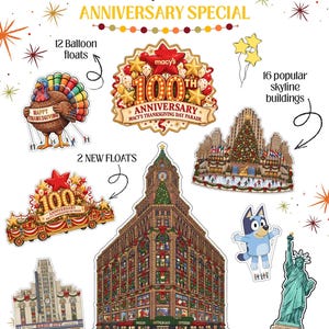 Peut inclure: Un ensemble imprimable pour table de défilé de Thanksgiving avec des graphismes du 100e anniversaire de Macy's, 12 ballons dont une dinde et Bluey, 16 bâtiments, une illustration du magasin Macy's, un taxi jaune et des étoiles festives.
