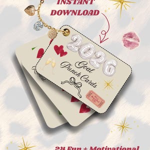 Puede incluir: Tarjetas perforadas de objetivos con el texto "2026 Goal Punch Cards" y "24 Fun + Motivational Goal Punch Cards!". Las tarjetas presentan ilustraciones de corazones, copas de champ&aacute;n y un billete. Una pulsera de abalorios est&aacute; adjunta.