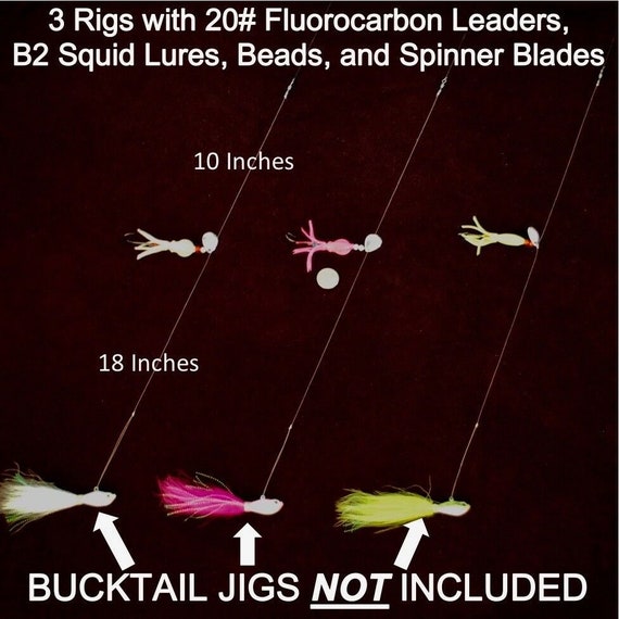 Best FLUKE summer Flounder Fluorocarbon High/low B2 Squid Buck Tail Jigging  Rigs glow Colors FREE RIGS 