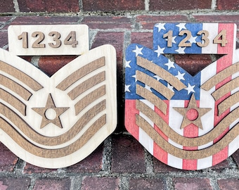 TSgt Plaques-Rank-Air Force-Stripes-American Flag-Line Number-Tech Sargent